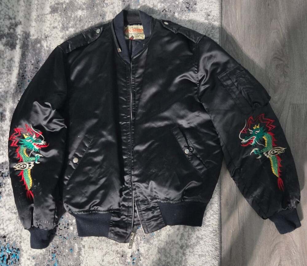 Sun Shop Vintage Dragon Embroidered Bomber Jacket Black Satin